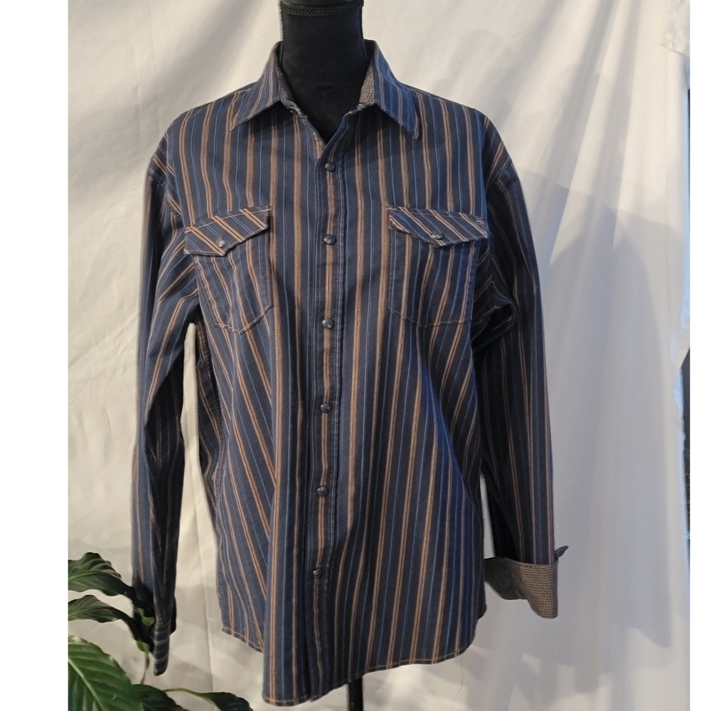 Age of Wisdom Mens Large Blue Brown Striped Long Sleeve Button Down Shirt L/G